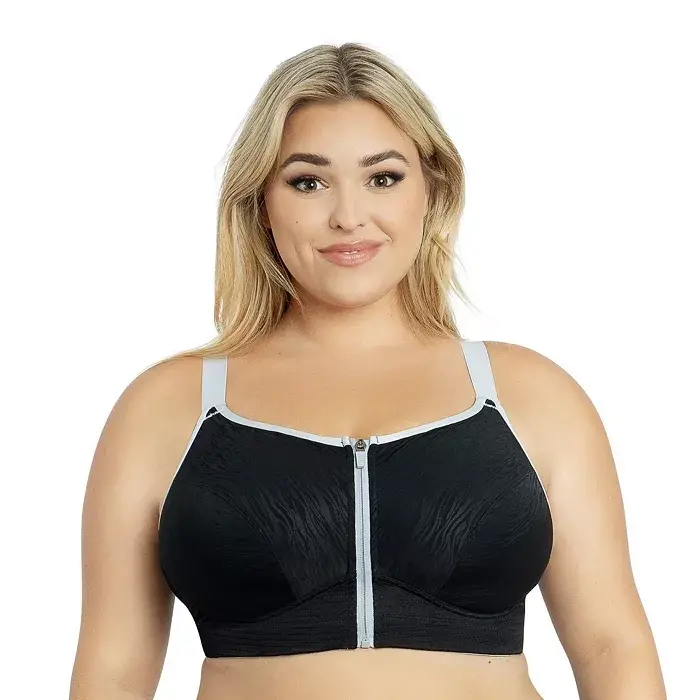 Plus Size Wave Wire-free Zip Front Sports Bra-Black - 2