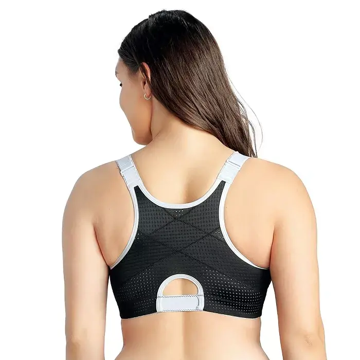 Plus Size Wave Wire-free Zip Front Sports Bra-Black - 4