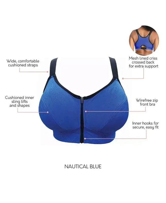 Plus Size Wave Wire-free Zip Front Sports Bra-Nautical blue - 1