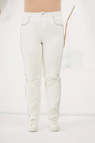 Plus Size White Jeans with Stone Detail on the Sides - 1