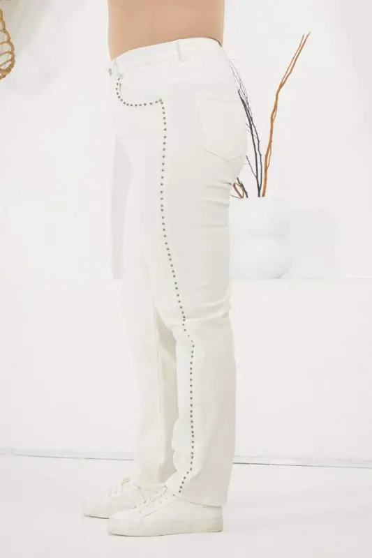 Plus Size White Jeans with Stone Detail on the Sides - 2