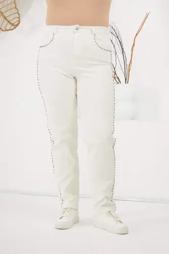Plus Size White Jeans with Stone Detail on the Sides - 3