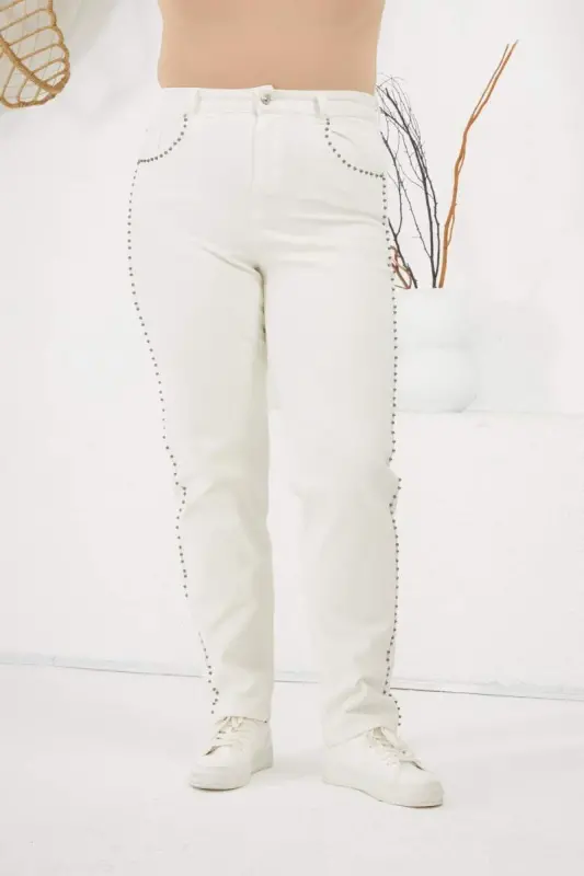 Plus Size White Jeans with Stone Detail on the Sides - 3