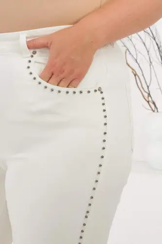 Plus Size White Jeans with Stone Detail on the Sides - 5