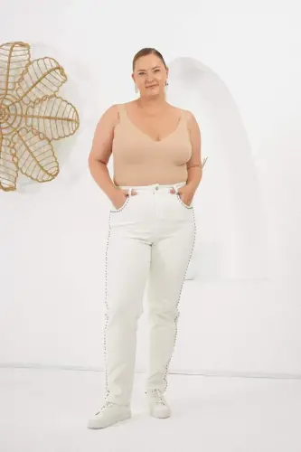 Plus Size White Jeans with Stone Detail on the Sides - 6