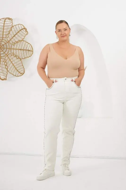 Plus Size White Jeans with Stone Detail on the Sides - 6