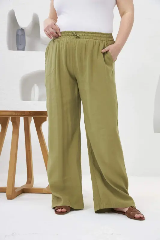 Plus Size Wide Leg Elastic Waist Pants Olive - BÜYÜKBEDENIZ