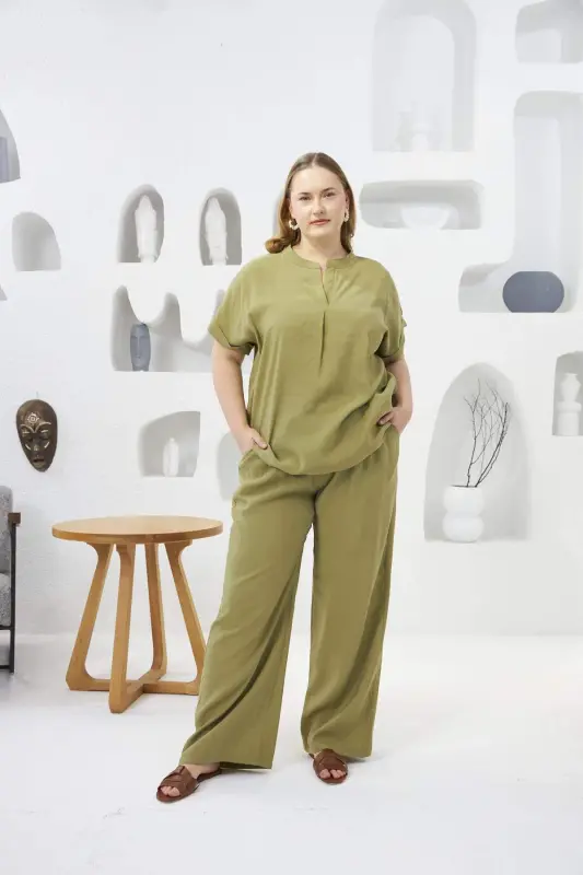 Plus Size Wide Leg Elastic Waist Pants Olive - 8