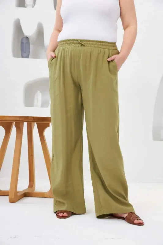 Plus Size Wide Leg Elastic Waist Pants Olive - 3