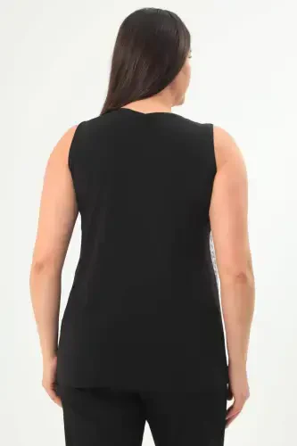 Plus Size Wide Strap Evening Black Blouse - 5