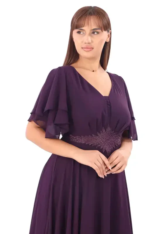 Plus Size Women Cape Sleeve Embroidery Detail Flowy Purple Chiffon Dress KL3045 - 2