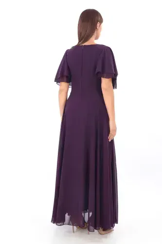 Plus Size Women Cape Sleeve Embroidery Detail Flowy Purple Chiffon Dress KL3045 - 3