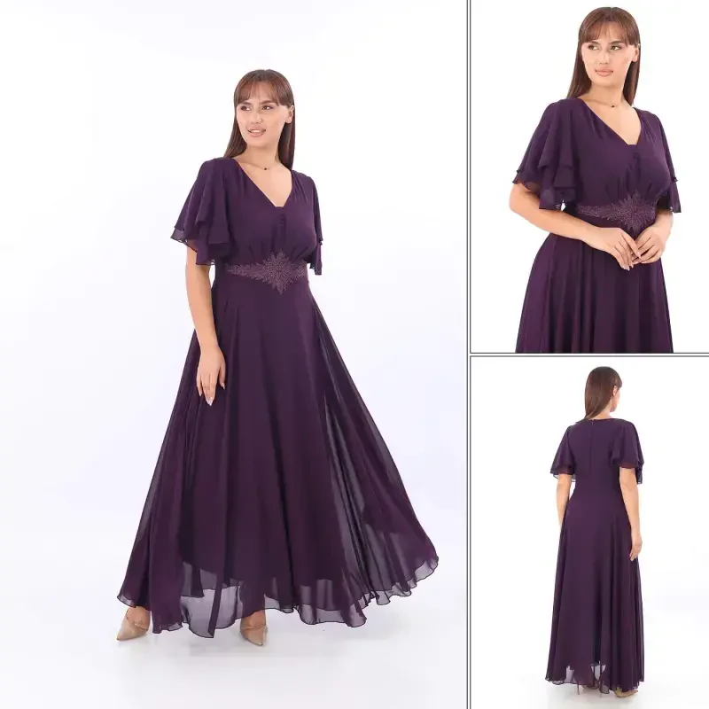 Plus Size Women Cape Sleeve Embroidery Detail Flowy Purple Chiffon Dress KL3045 - 5