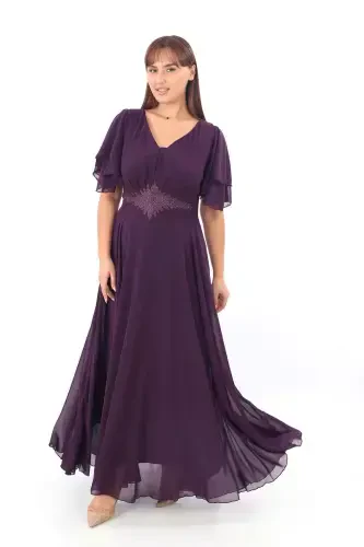 Plus Size Women Cape Sleeve Embroidery Detail Flowy Purple Chiffon Dress KL3045 - 6