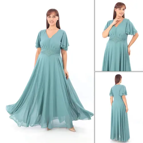 Plus Size Women's Cape Sleeve Embroidered Detail Flowy Caglia Green Chiffon Formal Dress KL3045 - 3