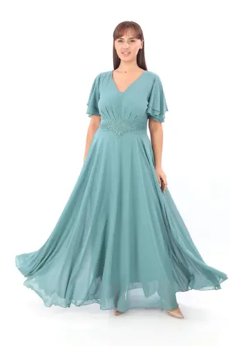 Plus Size Women's Cape Sleeve Embroidered Detail Flowy Caglia Green Chiffon Formal Dress KL3045 - 4