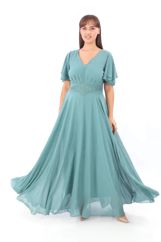 Plus Size Women's Cape Sleeve Embroidered Detail Flowy Caglia Green Chiffon Formal Dress KL3045 - 4