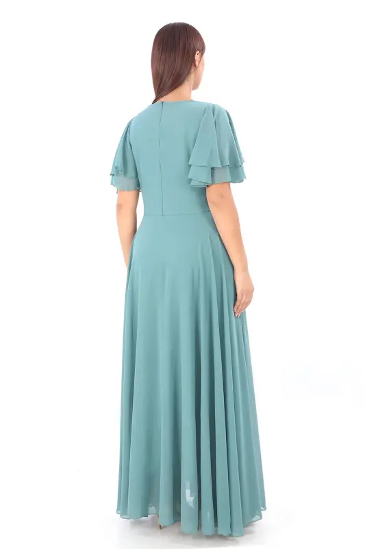 Plus Size Women's Cape Sleeve Embroidered Detail Flowy Caglia Green Chiffon Formal Dress KL3045 - 5