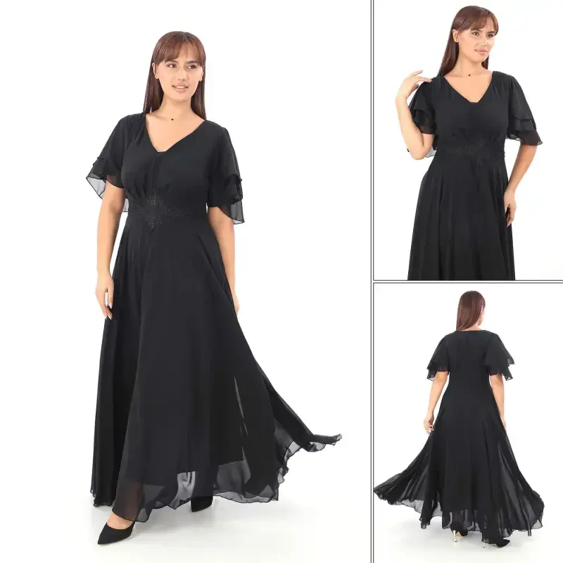 Plus Size Women's Cape Sleeve Embroidery Detail Flowy Black Chiffon Maxi Dress KL3045 - BÜYÜKBEDENIZ