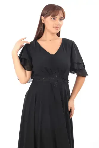Plus Size Women's Cape Sleeve Embroidery Detail Flowy Black Chiffon Maxi Dress KL3045 - BÜYÜKBEDENIZ (1)