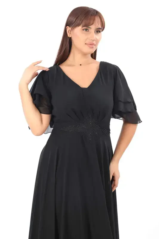 Plus Size Women's Cape Sleeve Embroidery Detail Flowy Black Chiffon Maxi Dress KL3045 - 2