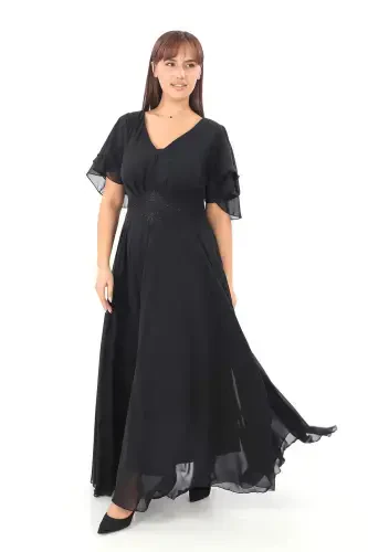 Plus Size Women's Cape Sleeve Embroidery Detail Flowy Black Chiffon Maxi Dress KL3045 - 3