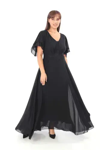 Plus Size Women's Cape Sleeve Embroidery Detail Flowy Black Chiffon Maxi Dress KL3045 - 4