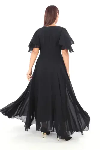 Plus Size Women's Cape Sleeve Embroidery Detail Flowy Black Chiffon Maxi Dress KL3045 - 5