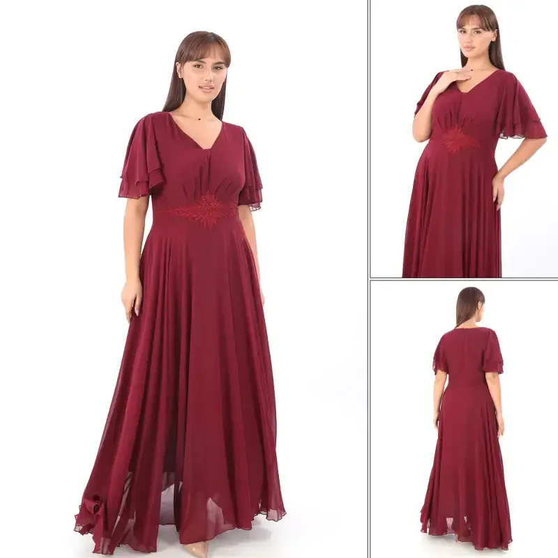 Plus Size Women's Cape Sleeve Embroidery Detail Flowy Maroon Chiffon Dress KL3045 - 1