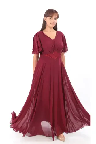 Plus Size Women's Cape Sleeve Embroidery Detail Flowy Maroon Chiffon Dress KL3045 - 2
