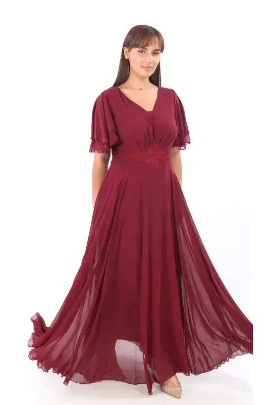 Plus Size Women's Cape Sleeve Embroidery Detail Flowy Maroon Chiffon Dress KL3045 - 2