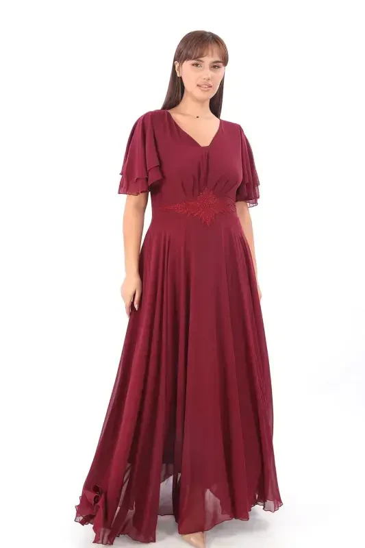 Plus Size Women's Cape Sleeve Embroidery Detail Flowy Maroon Chiffon Dress KL3045 - 3