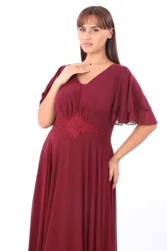 Plus Size Women's Cape Sleeve Embroidery Detail Flowy Maroon Chiffon Dress KL3045 - 4