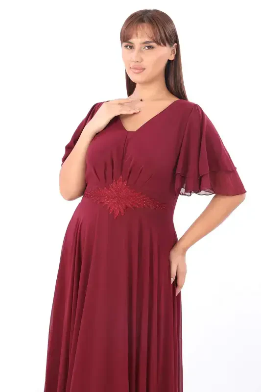 Plus Size Women's Cape Sleeve Embroidery Detail Flowy Maroon Chiffon Dress KL3045 - 4