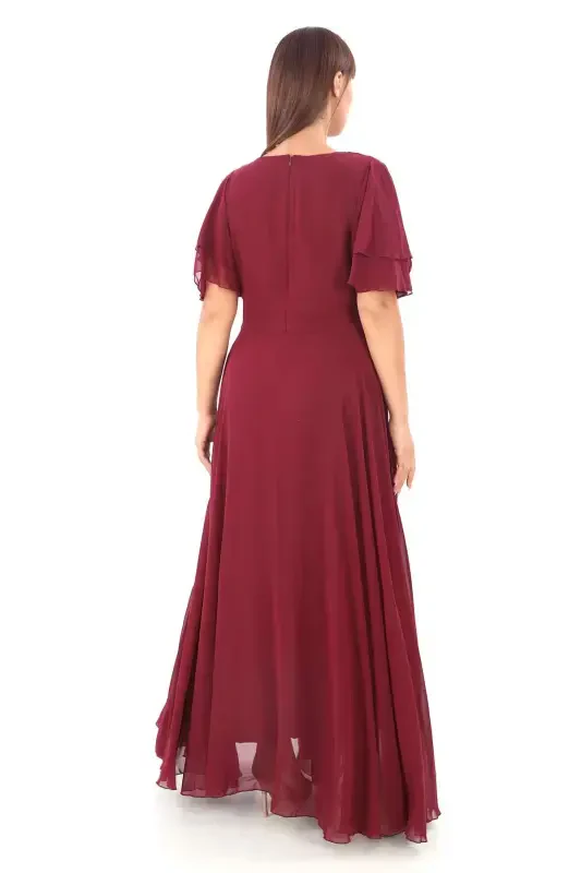Plus Size Women's Cape Sleeve Embroidery Detail Flowy Maroon Chiffon Dress KL3045 - 5