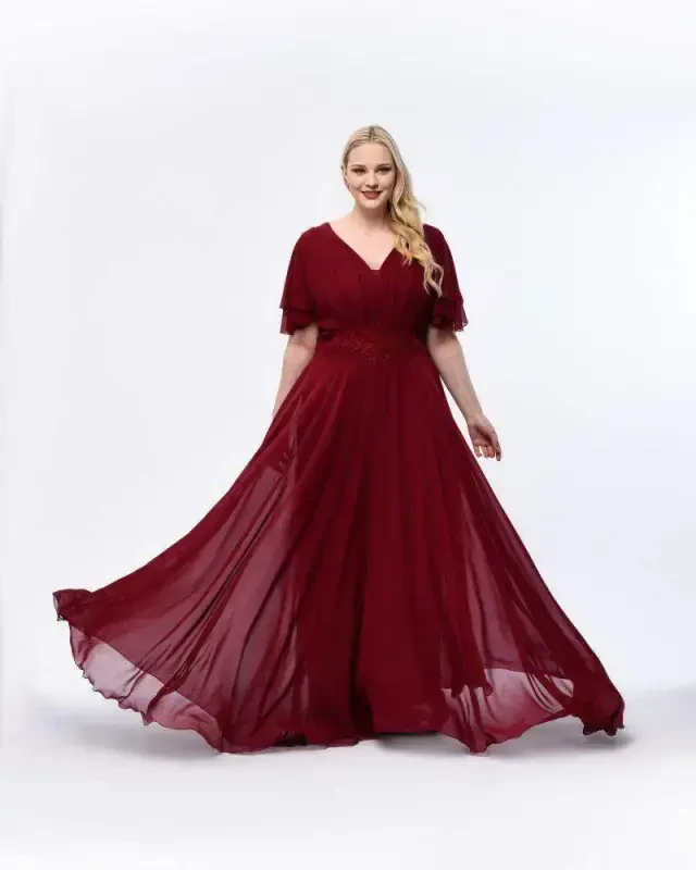 Plus Size Women's Cape Sleeve Embroidery Detail Flowy Maroon Chiffon Dress KL3045 - 7