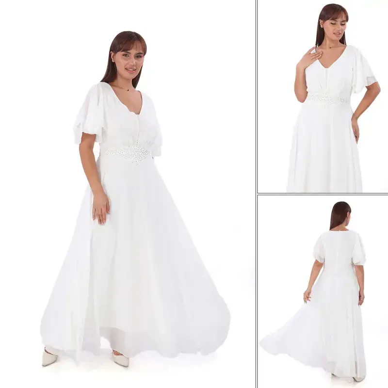 Plus Size Women's Cape Sleeve Embroidery Detail Flowy White Chiffon Wedding Dress KL3045 - BÜYÜKBEDENIZ