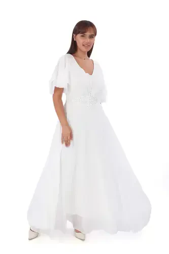 Plus Size Women's Cape Sleeve Embroidery Detail Flowy White Chiffon Wedding Dress KL3045 - 2