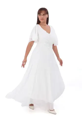 Plus Size Women's Cape Sleeve Embroidery Detail Flowy White Chiffon Wedding Dress KL3045 - 3