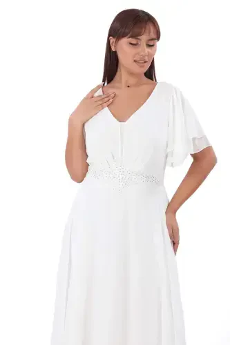 Plus Size Women's Cape Sleeve Embroidery Detail Flowy White Chiffon Wedding Dress KL3045 - 4