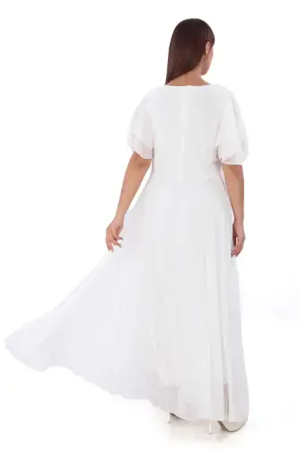 Plus Size Women's Cape Sleeve Embroidery Detail Flowy White Chiffon Wedding Dress KL3045 - 6