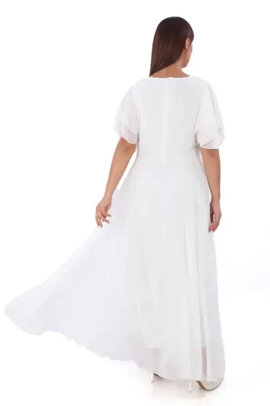 Plus Size Women's Cape Sleeve Embroidery Detail Flowy White Chiffon Wedding Dress KL3045 - 6