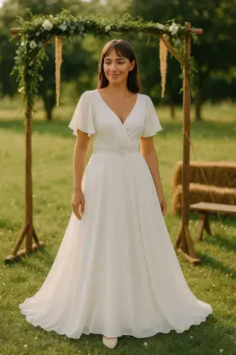 Plus Size Women's Cape Sleeve Embroidery Detail Flowy White Chiffon Wedding Dress KL3045 - 7