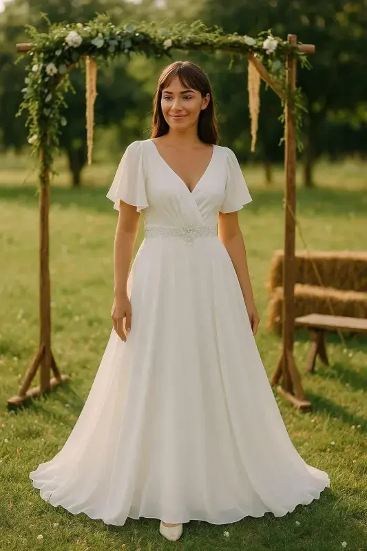 Plus Size Women's Cape Sleeve Embroidery Detail Flowy White Chiffon Wedding Dress KL3045 - 7