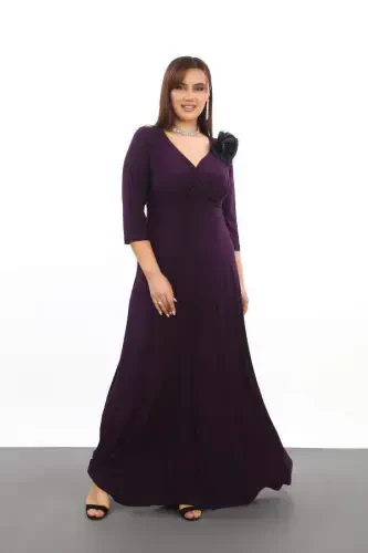 Plus Size Women's Crossover Neck Elastic and Lycra Purple Evening Dress 3072 - 1