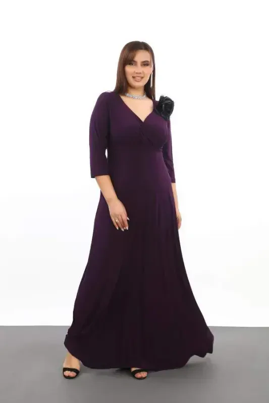 Plus Size Women's Crossover Neck Elastic and Lycra Purple Evening Dress 3072 - 1