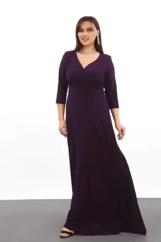 Plus Size Women's Crossover Neck Elastic and Lycra Purple Evening Dress 3072 - BÜYÜKBEDENIZ (1)