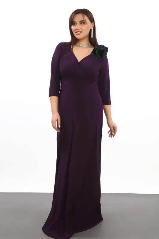 Plus Size Women's Crossover Neck Elastic and Lycra Purple Evening Dress 3072 - 3