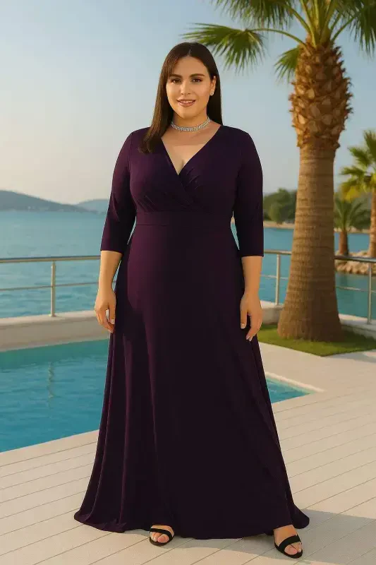 Plus Size Women's Crossover Neck Elastic and Lycra Purple Evening Dress 3072 - 6