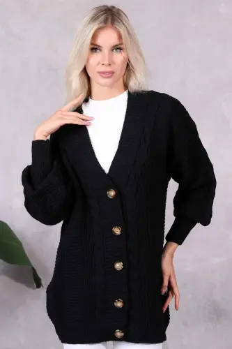 Plus Size Women's Knit Pattern Winter Long 5 Buttoned Black Cardigan 0546 - 3